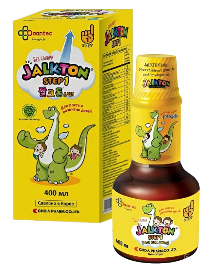 Jalkton Step 1 — sariq quti va 400 ml sirop shishasi, ustida dinozavr rasmi